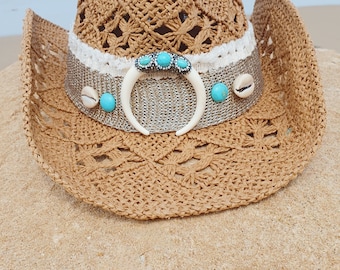 Boho Straw Cowgirl Hat with Moon Pendant, 57cm