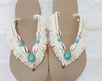 Beach shoes, Fringes Sandals ,Flip Flops Women,Bohemian Sandals,Havaianas,Turquoise sandals