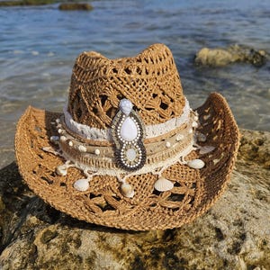 Boho Cowgirl Hat | Handmade Straw Hat with Shells & Gemstones | Beach Festival Accessor