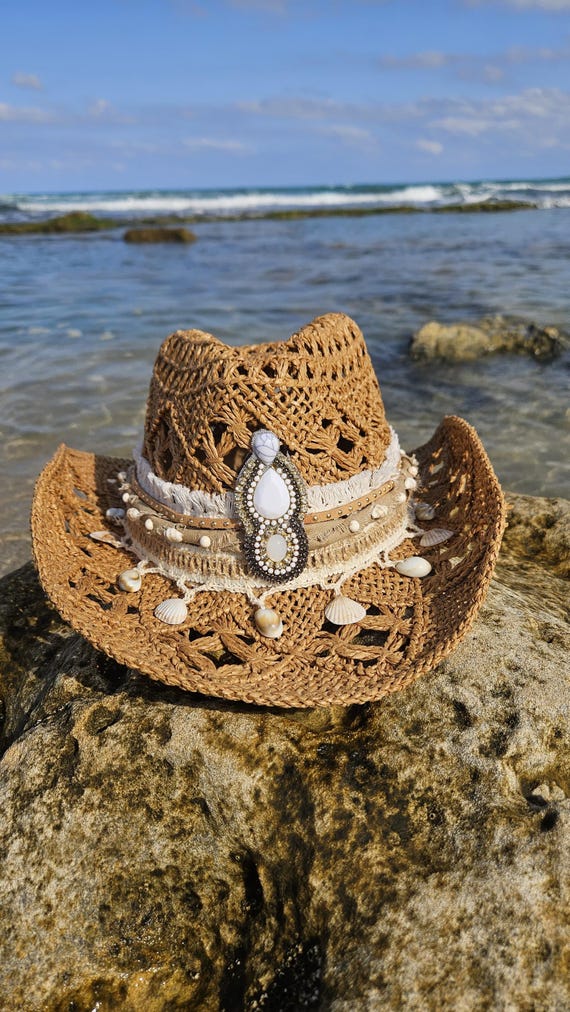 Boho Cowgirl Hat | Handmade Straw Hat With Shells  display picture 3
