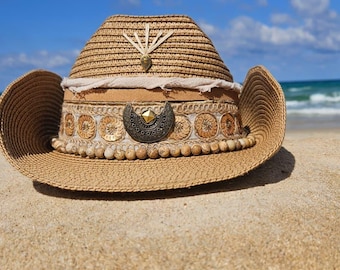 Boho Cowgirl Sun Hat, Vacation Beach Straw Hat