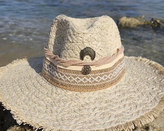 Handmade Boho Straw Wide Brim Sun Hat, Beach Festival Hat