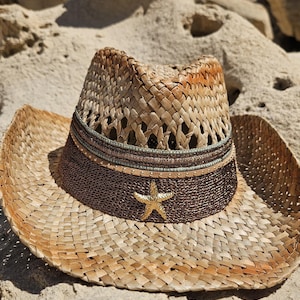 Boho Straw Cowgirl Hat |Natural Straw Cowgirl Hat | Summer Festival Western Hat | Western Beach Hat with Starfish | Summer Vacation Hat