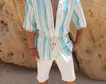 Mens Linen Boho Kimono, Striped Festival Cover Up