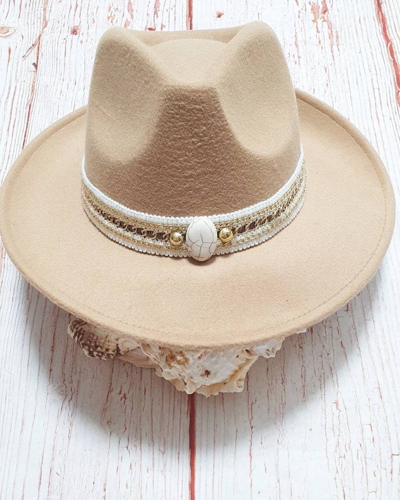 Fedora hat for women Gold trim hat Cream hatBoho hatwomen hatBeige hat