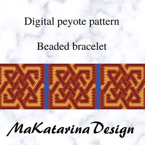 May include: A digital peyote stitch pattern for a beaded bracelet. The pattern features a geometric design with red, orange, yellow, and blue beads. The text "MaKatarina Design" is at the bottom of the image.