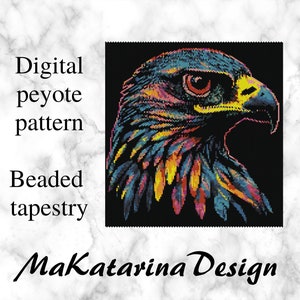 May include: Digital peyote beading pattern for a colourful eagle tapestry. The eagle is rendered in a vibrant colour palette of blue, yellow, red, and orange against a black background.
