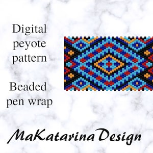 Könnte beinhalten: Digitales Peyote-Perlenmuster für eine Perlen-Stiftummantelung. Das Muster zeigt ein geometrisches Design mit schwarzen, blauen, roten und gelben Perlen. Das Muster heißt "MaKatarina Design".