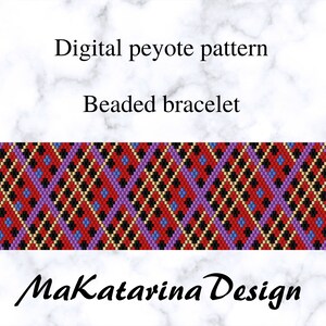 May include: A digital peyote stitch pattern for a beaded bracelet. The pattern features a repeating design of red, black, gold, purple, and blue beads.