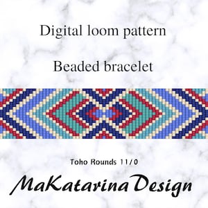 May include: Digital loom pattern for a beaded bracelet. The design features a geometric pattern in shades of blue, red, teal, and cream. The text "Digital loom pattern" and "Beaded bracelet" are displayed above the design.