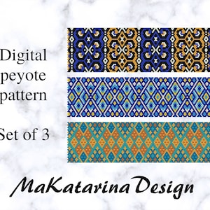 May include: A set of three digital peyote stitch beading patterns. The patterns feature geometric designs in blue, yellow, orange, and white.