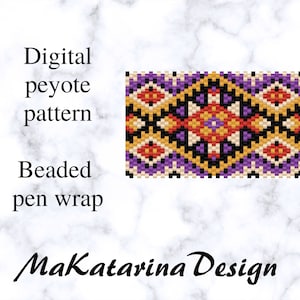 May include: Digital peyote pattern beaded pen wrap.  The pattern features a geometric design with purple, orange, yellow, black, and white beads.