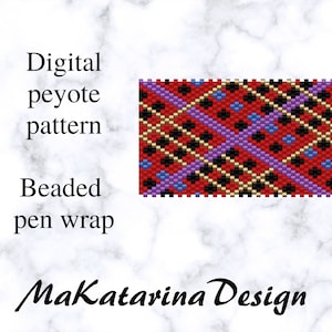 May include: Digital peyote pattern beaded pen wrap. The pattern features red, black, gold, purple, and blue beads.