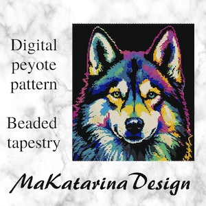 May include: Digital peyote pattern for a beaded tapestry featuring a colorful wolf with blue, green, yellow, pink, and purple hues. The pattern is titled "MaKatarina Design".