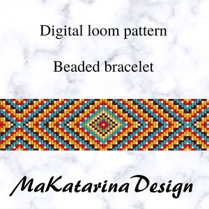 May include: Digital loom pattern for a beaded bracelet with a geometric design in red, yellow, blue, white, and brown.