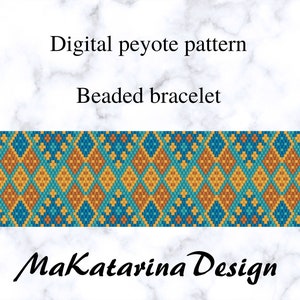 May include: Digital peyote pattern beaded bracelet design, featuring a geometric pattern of blue, orange, and yellow beads. The design is called "MaKatarina Design".