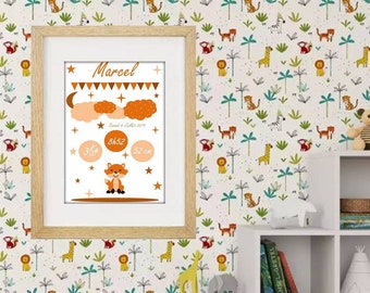 Affiche personnalisée prénom, idée de cadeau naissance, décoration personnalisable chambre bébé, enfant, Cadre garçon tigre lion Orange gris