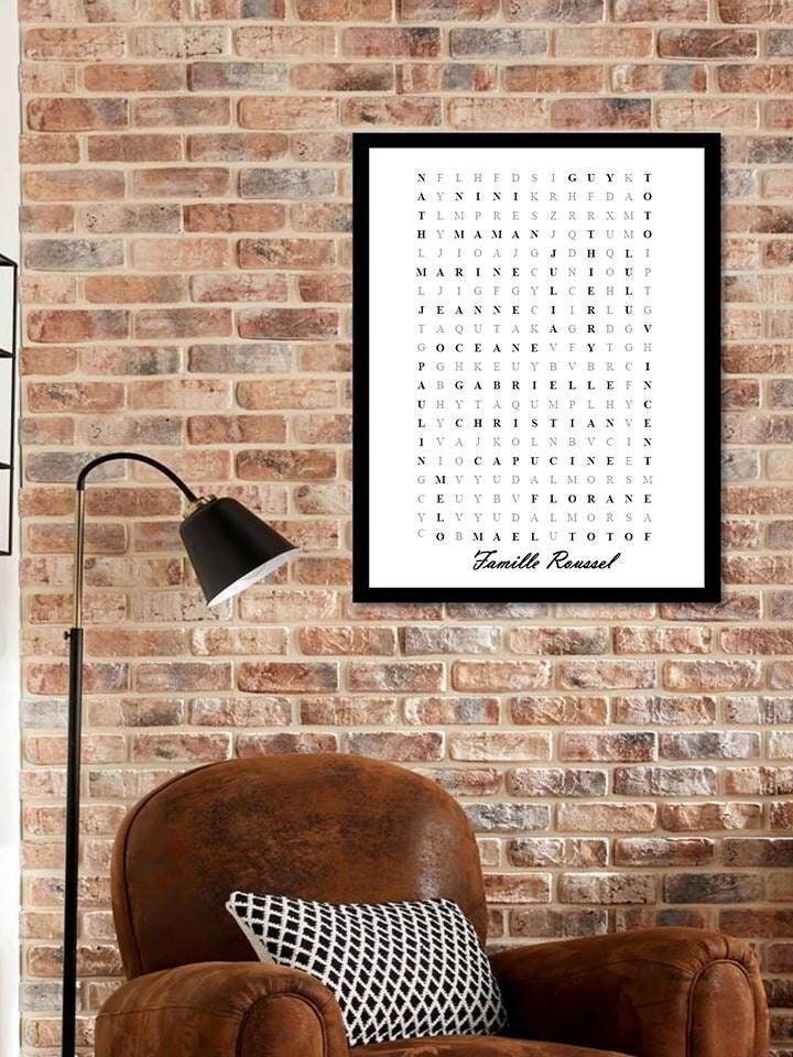 Affiche Personnalisée Mots Mêlés Croisés Famille Couple, Tableau Idée de Cadeau - Poster Noir et Bla