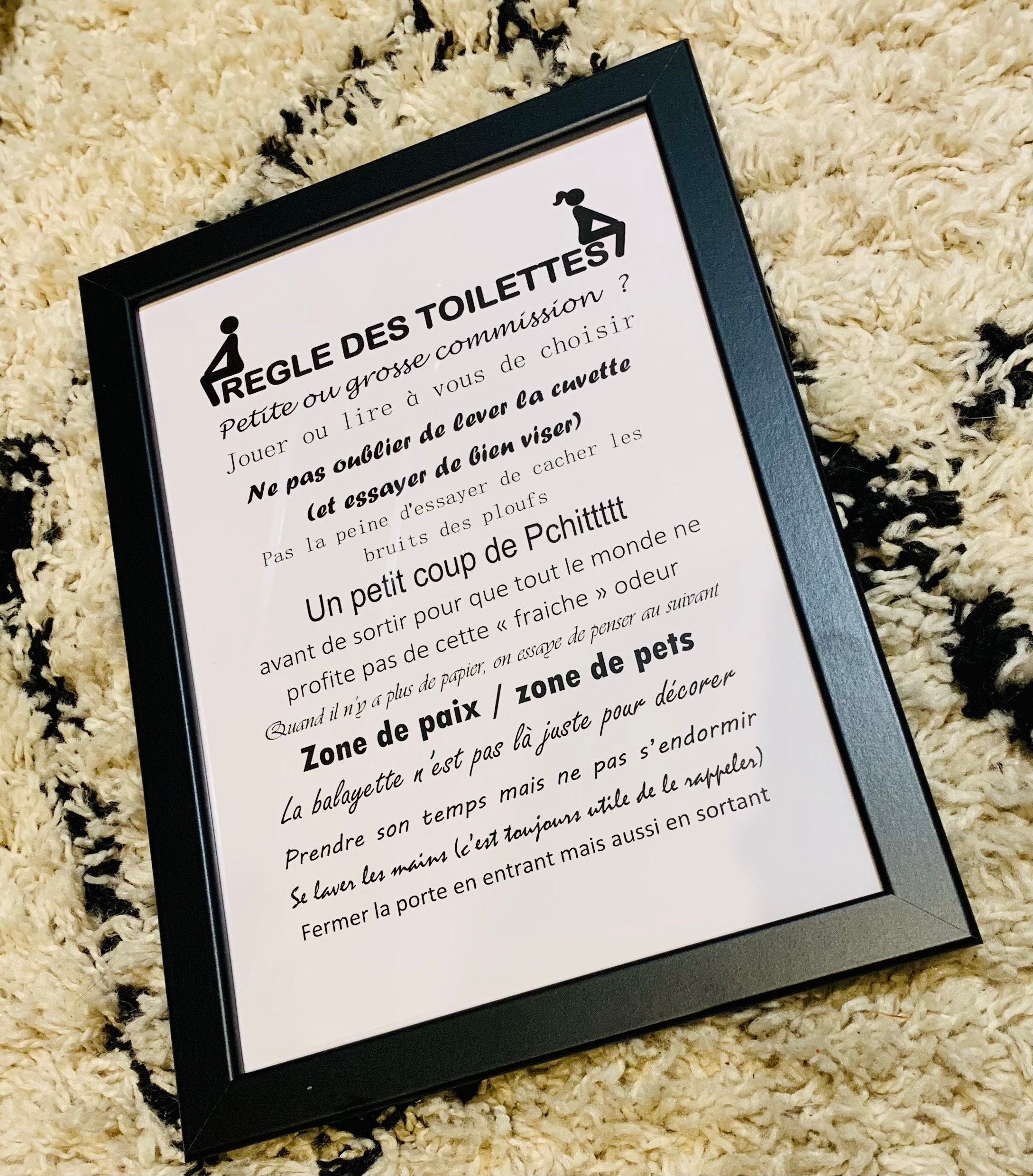Affiche personnalisée règle des toilettes WC, idée de cadeau  personnalisable, décoration, tableau Poster noir et blanc Noël -  France