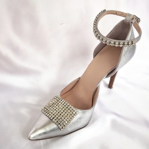Silver wedding bridal shoes/Handmade pointed leather shoes/ Rhinestone heels for bride 4.1 inc