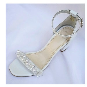 Pearl wedding block heels,white handmade shoes for bride,leather wedding sandals