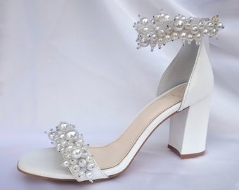 Pearl Wedding Shoes: White Leather Bridal Block Heel Sandals