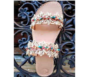 Handmade Leather Sandals: Women's Beaded Boho Greek Flats