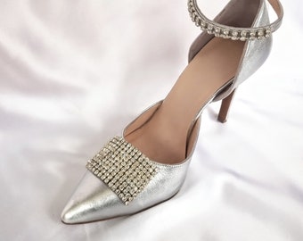 Silver wedding bridal shoes/Handmade pointed leather shoes/ Rhinestone heels for bride 4.1 inc