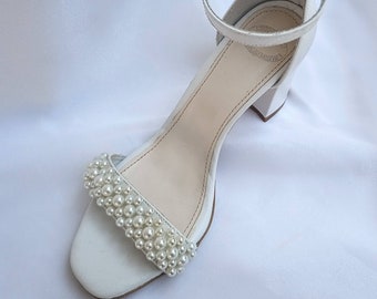 Pearl wedding block heels for bride/White handmade leather shoes/bridal sandals