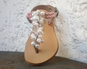 Girls pearl sandals,kids shoes girl,pink kids leather sandals,Greek children sandals,girls jeweled sandals