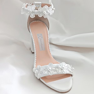 Handmade White Leather Wedding Sandals: Pearl Flower Block Heels