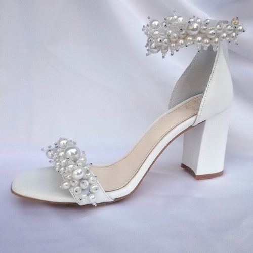 Pearl Wedding Shoes 9cm Block Heel Wedding White Leather - Etsy