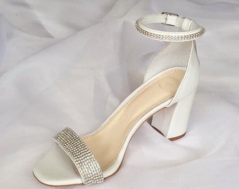 Bridal Block Heel Sandals: White Leather Wedding Shoes with Crystal Strass