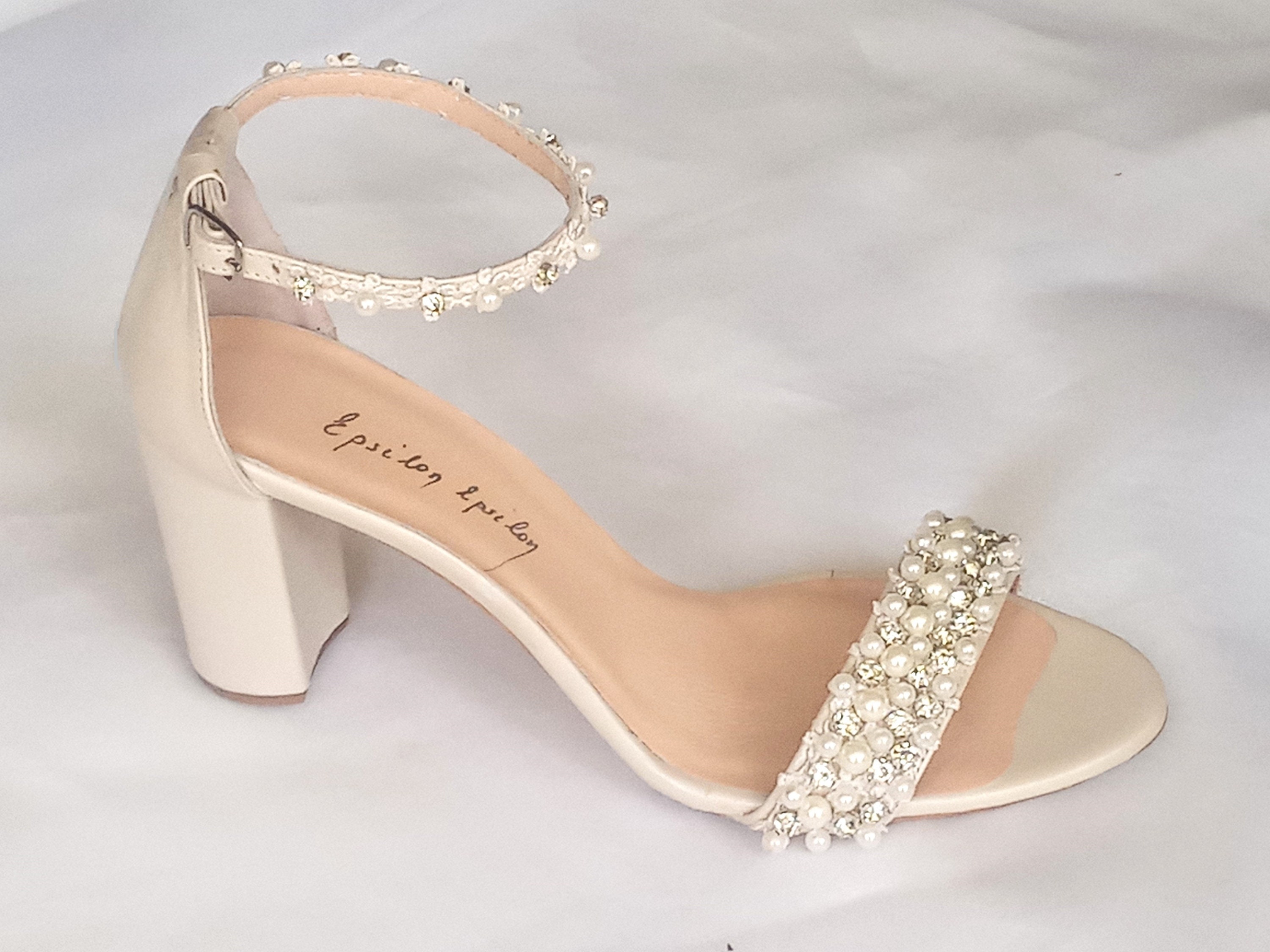 Ivory pearl wedding shoes for bride/ bridal shoes block heel/ | Etsy