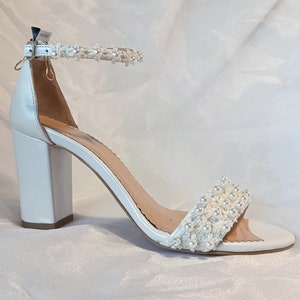 Pearl & Lace Wedding Sandals: White Leather Block Heel Bridal Shoes