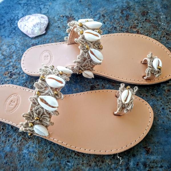 Sea shell sandals/slides/wedding sandals/handmade shoes/leather sandals/women Greek sandals/jeweled flats