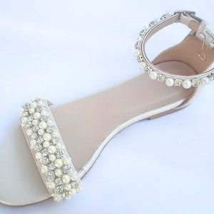 Ivory pearl flat wedding shoes for bride,bridal shoes low heel,leather handmade sandals.