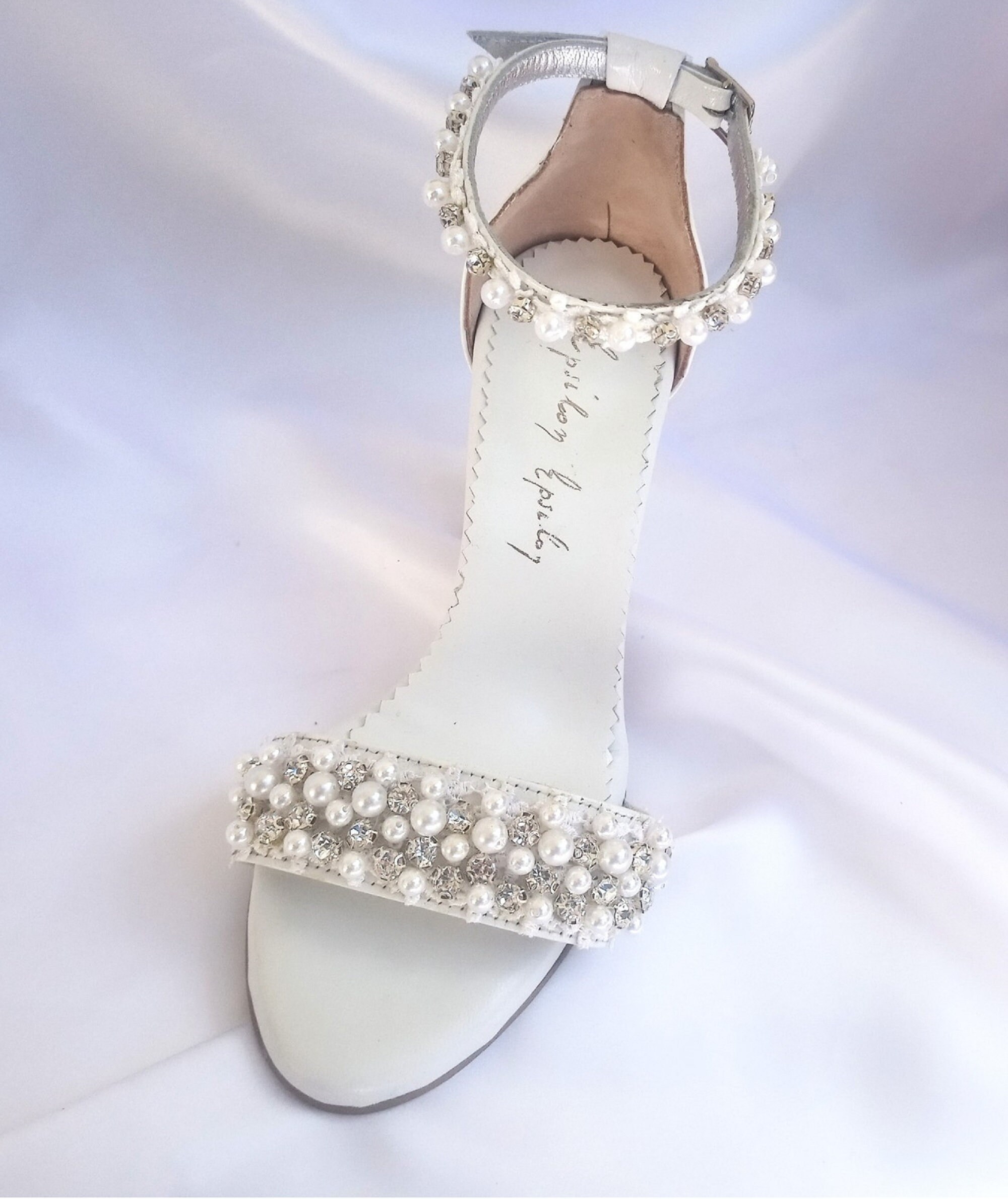 Chaussures De Mariée à Talons Hauts - Brodées Perles Et Cristaux, Fait Main - Taille 37 EU (UK 4) - Occasion, Ivoire