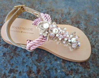 Girls pearl sandals,baby sandals,pink kids leather sandals,Greek children sandals,girls jeweled sandals