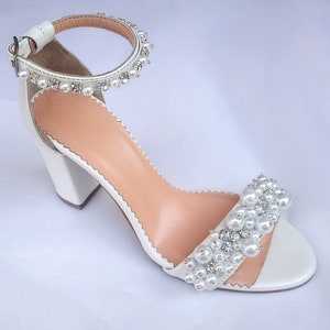 Pearl Wedding Shoes for Bride/ Bridal Block Heels/ Rhinestone Leather ...