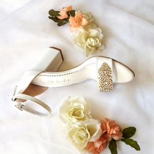 Wedding block heels for bride/ bridal sandals/ handmade white wedding shoes/ gold rhinestone sandals/