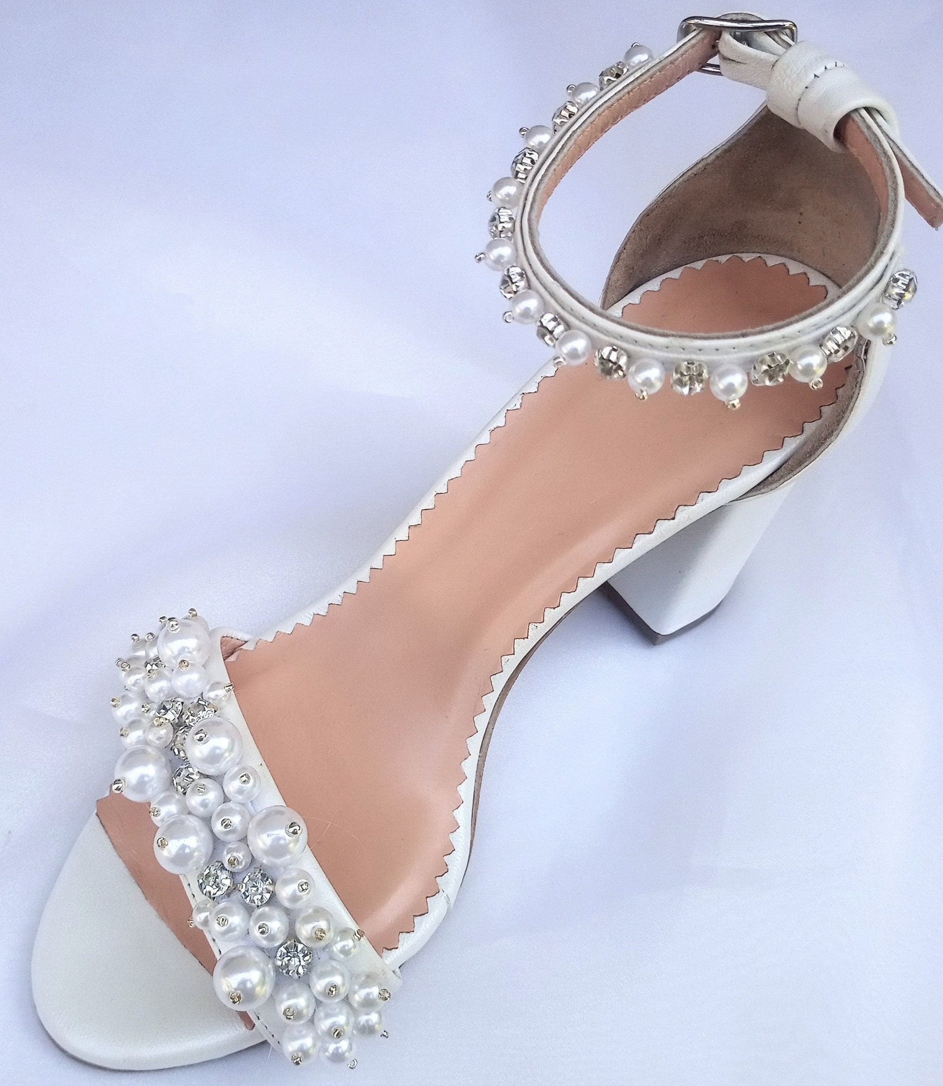 Pearl Wedding Shoes for Bride/ Bridal Block Heels/ Rhinestone Leather ...