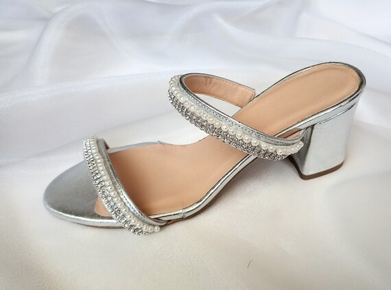 Silver wedding shoes for bride bridal block heel with rhinestone pearls handmade sandals