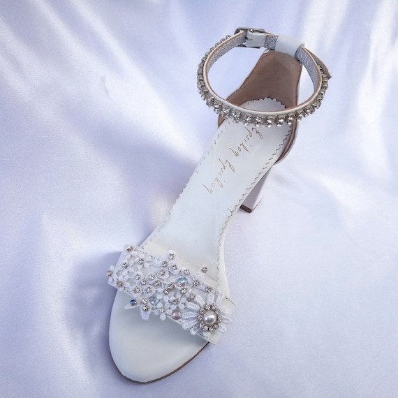 Ankle Strap Heels 8cm Wedding Lace Sandals 8 Cm Bridal Block Heels With Sewn on Pearls and Rhinetones White Ankle Strap Sandals Etsy