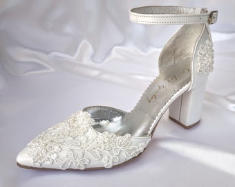 Lace Bridal Shoes: White Leather Pointed Toe Block Heels