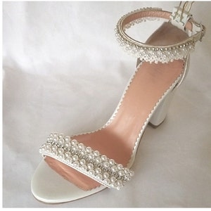 White Pearl Wedding Sandals: Handmade Leather Bridal Block Heels