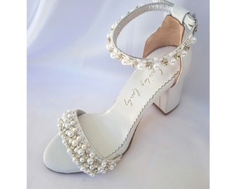 Wedding shoes for bride/ bridal block heels/ pearl and rhinestone white leather sandals/ 8cm/3.1"heel