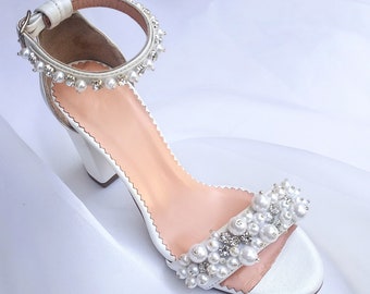 Pearl Wedding Shoes for Bride/ White Bridal Block Heel /Ankle Strap Sandals
