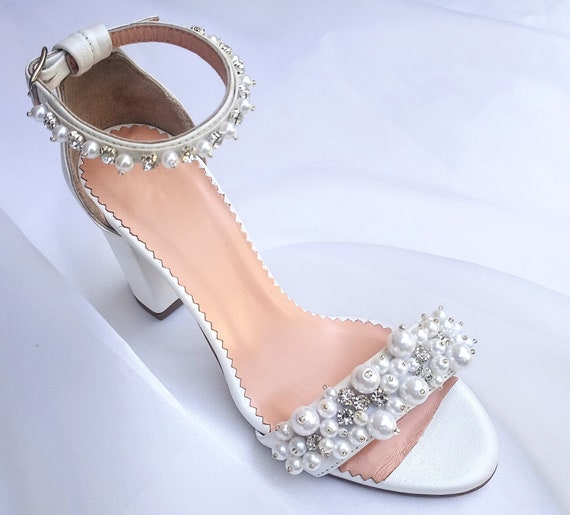 thumbnail image 2 of Block Heel Wedding Shoe, Ivory Satin And Glitter Topknot Tiaras 2 of 14