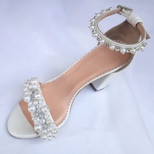 Pearl Wedding Shoes for Bride/ Bridal Block Heels/ Rhinestone Leather ...